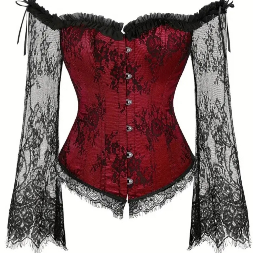 Women's Red Lace Corset Top with Black Lace Sleeves